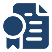 Blue icon of a certificate with a ribbon on the left.