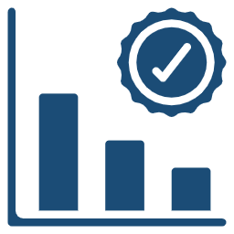 A blue bar chart with three descending bars and a checkmark badge.