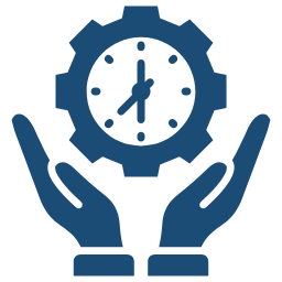 Blue icon of a hand holding a gear, symbolizing support or technical service.